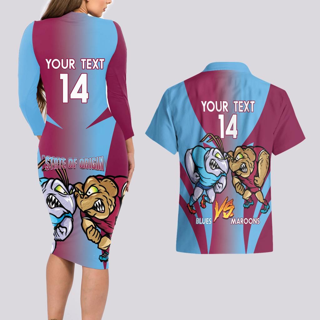 Custom NSW Blues And QLD Maroons Rugby Couples Matching Long Sleeve Bodycon Dress and Hawaiian Shirt 2024 Cockroaches Cane toads Together