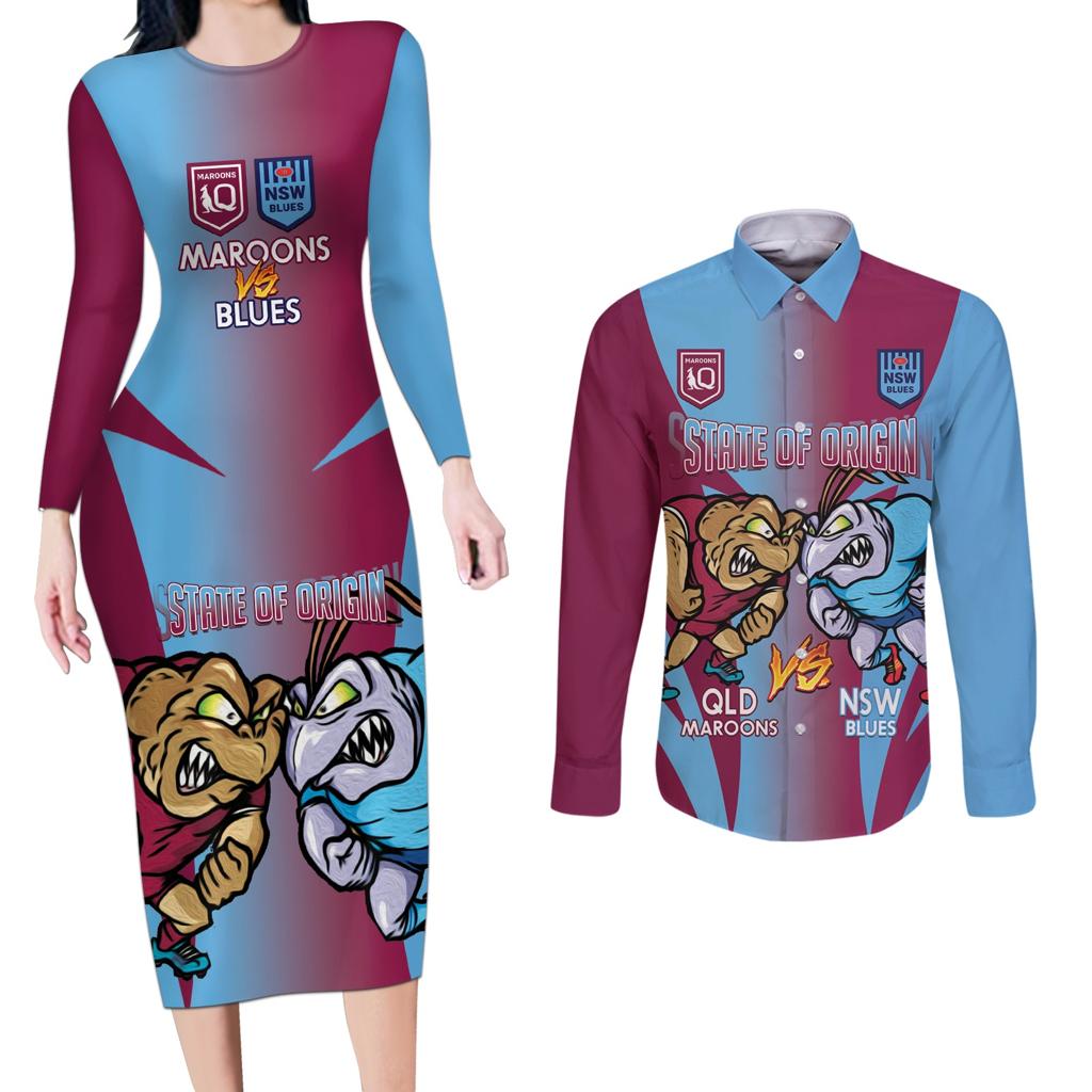 Custom NSW Blues And QLD Maroons Rugby Couples Matching Long Sleeve Bodycon Dress and Long Sleeve Button Shirt 2024 Cockroaches Cane toads Together