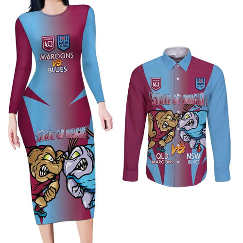 Custom NSW Blues And QLD Maroons Rugby Couples Matching Long Sleeve Bodycon Dress and Long Sleeve Button Shirt 2024 Cockroaches Cane toads Together