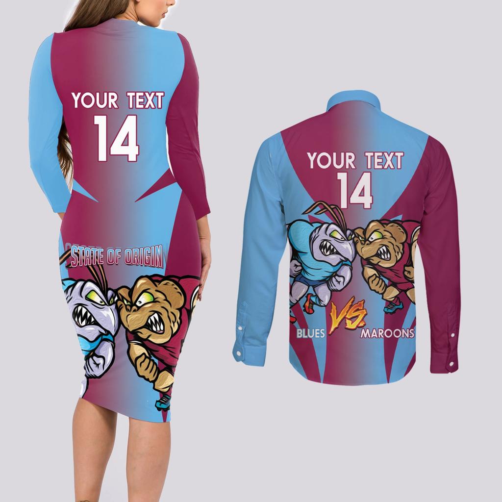 Custom NSW Blues And QLD Maroons Rugby Couples Matching Long Sleeve Bodycon Dress and Long Sleeve Button Shirt 2024 Cockroaches Cane toads Together