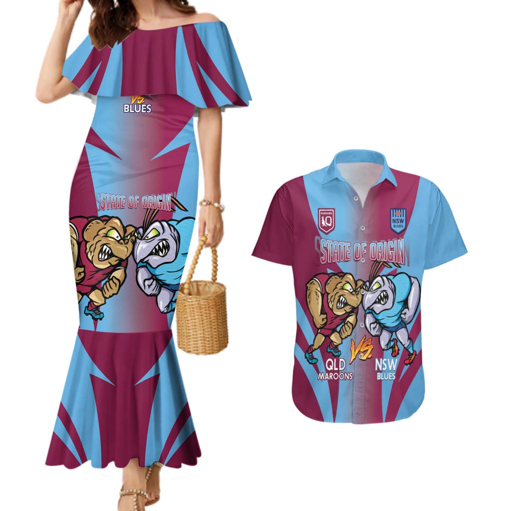 Custom NSW Blues And QLD Maroons Rugby Couples Matching Mermaid Dress and Hawaiian Shirt 2024 Cockroaches Cane toads Together