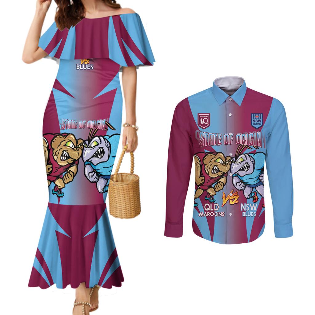 Custom NSW Blues And QLD Maroons Rugby Couples Matching Mermaid Dress and Long Sleeve Button Shirt 2024 Cockroaches Cane toads Together