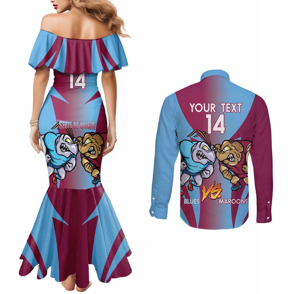 Custom NSW Blues And QLD Maroons Rugby Couples Matching Mermaid Dress and Long Sleeve Button Shirt 2024 Cockroaches Cane toads Together