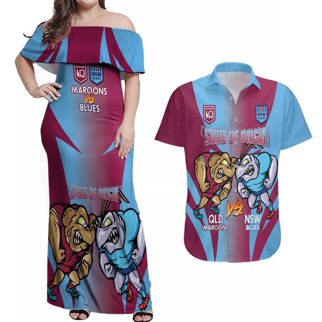 Custom NSW Blues And QLD Maroons Rugby Couples Matching Off Shoulder Maxi Dress and Hawaiian Shirt 2024 Cockroaches Cane toads Together
