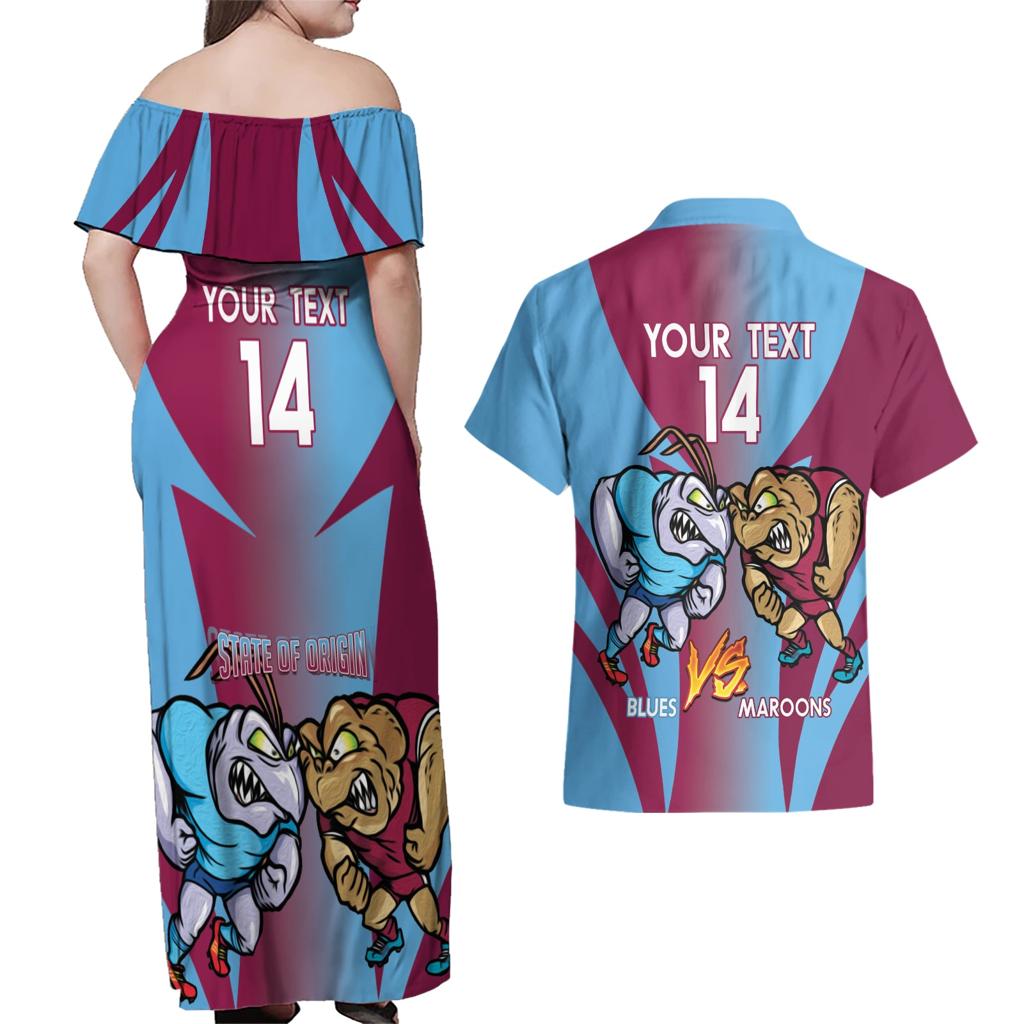 Custom NSW Blues And QLD Maroons Rugby Couples Matching Off Shoulder Maxi Dress and Hawaiian Shirt 2024 Cockroaches Cane toads Together