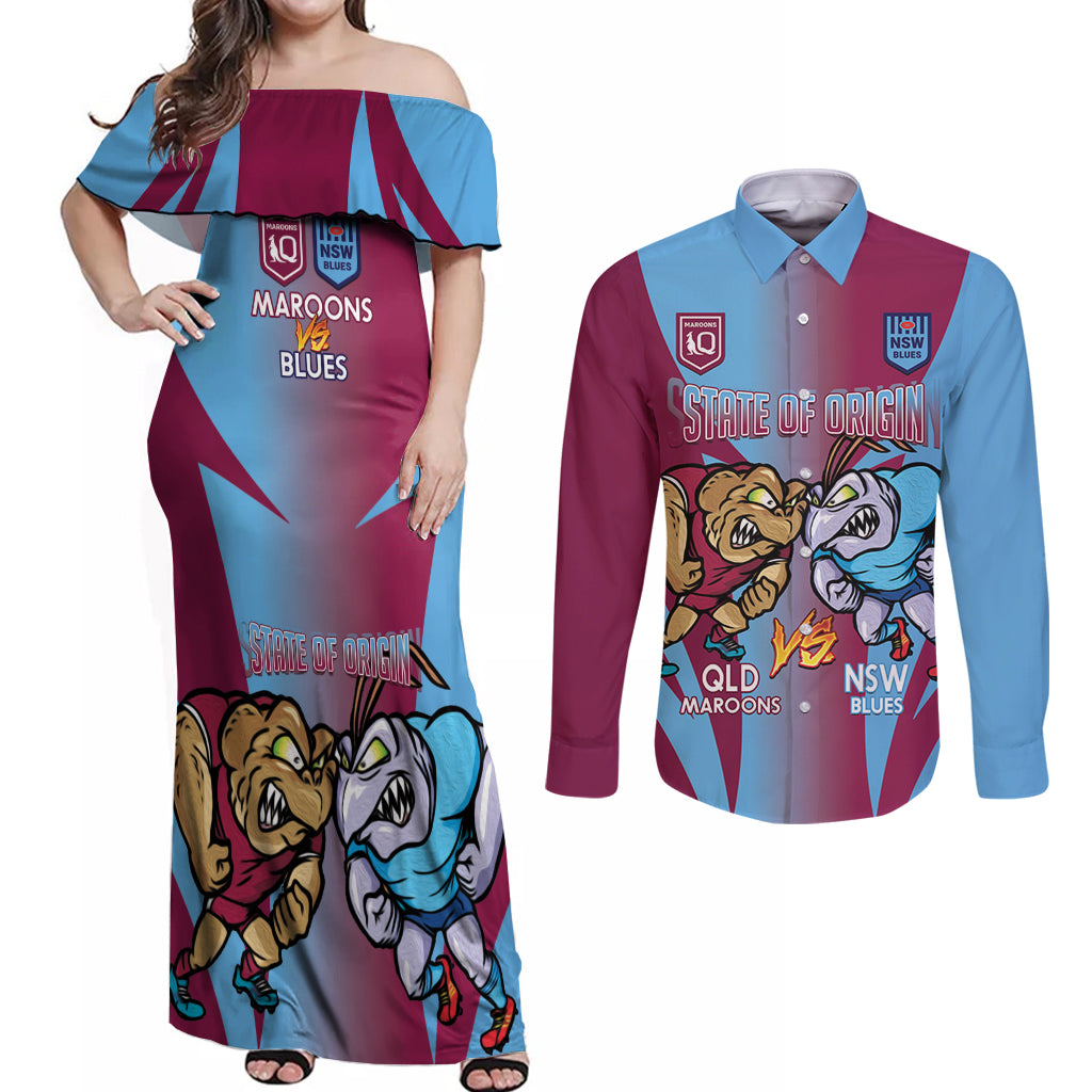 Custom NSW Blues And QLD Maroons Rugby Couples Matching Off Shoulder Maxi Dress and Long Sleeve Button Shirt 2024 Cockroaches Cane toads Together