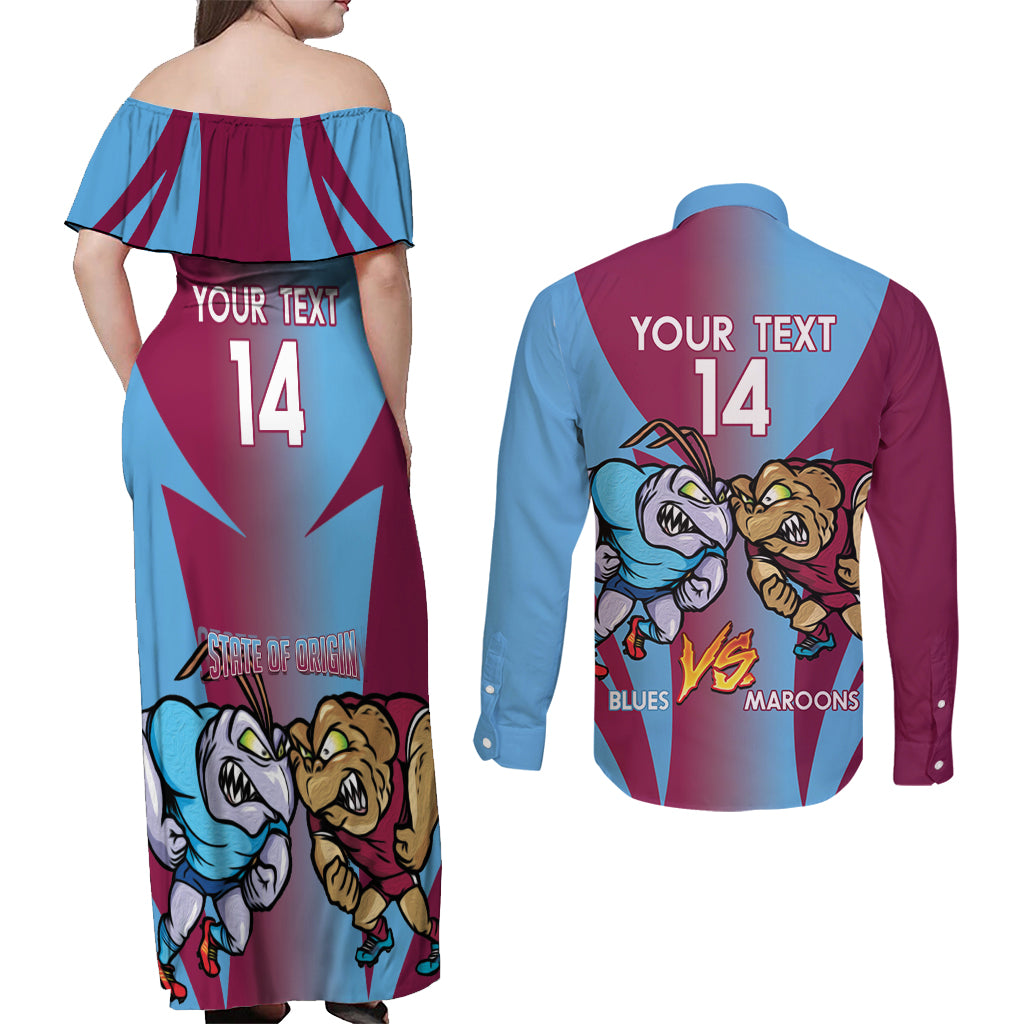 Custom NSW Blues And QLD Maroons Rugby Couples Matching Off Shoulder Maxi Dress and Long Sleeve Button Shirt 2024 Cockroaches Cane toads Together