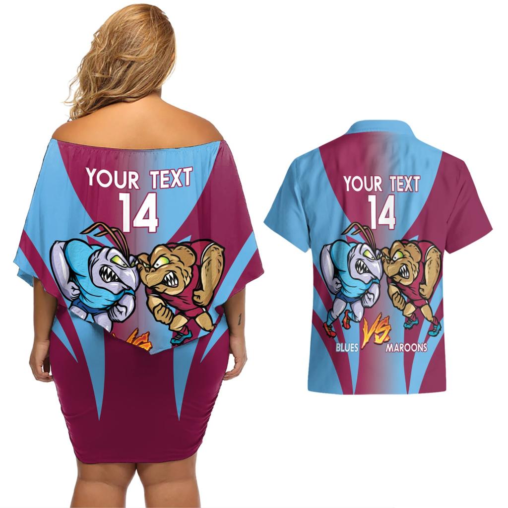 Custom NSW Blues And QLD Maroons Rugby Couples Matching Off Shoulder Short Dress and Hawaiian Shirt 2024 Cockroaches Cane toads Together