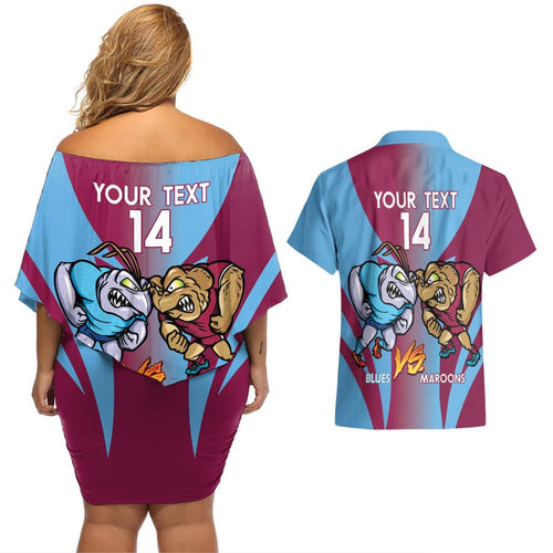 Custom NSW Blues And QLD Maroons Rugby Couples Matching Off Shoulder Short Dress and Hawaiian Shirt 2024 Cockroaches Cane toads Together