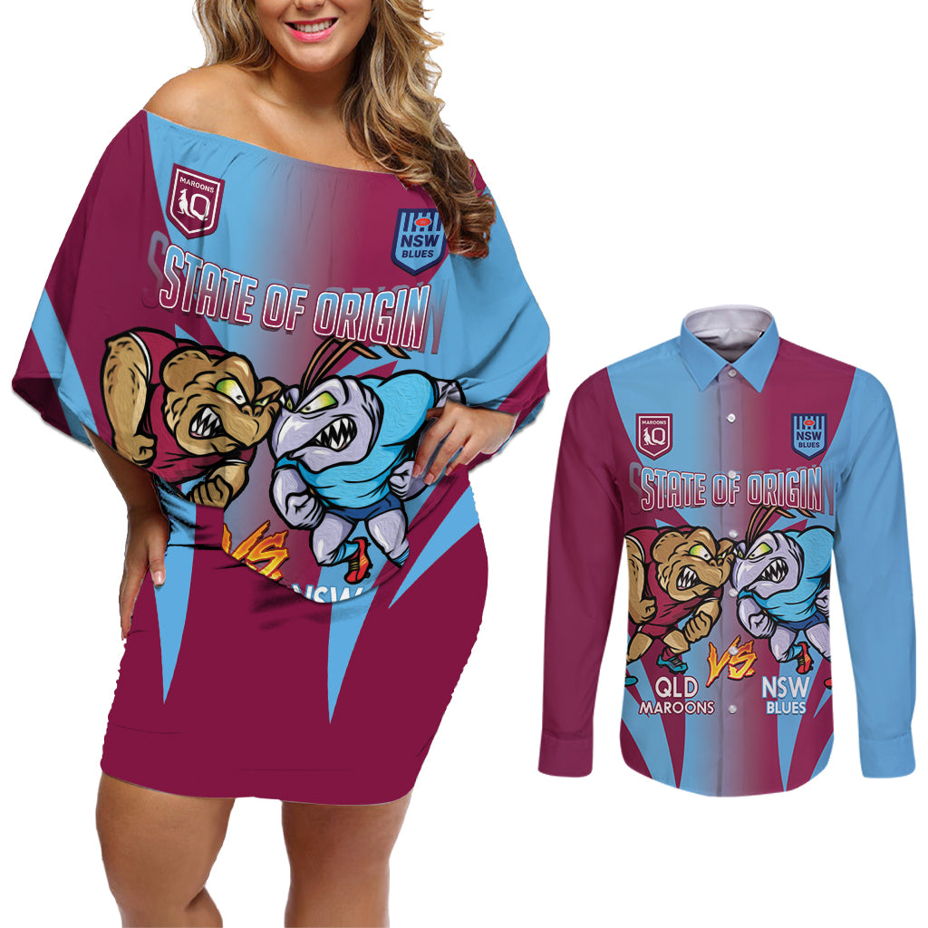 Custom NSW Blues And QLD Maroons Rugby Couples Matching Off Shoulder Short Dress and Long Sleeve Button Shirt 2024 Cockroaches Cane toads Together