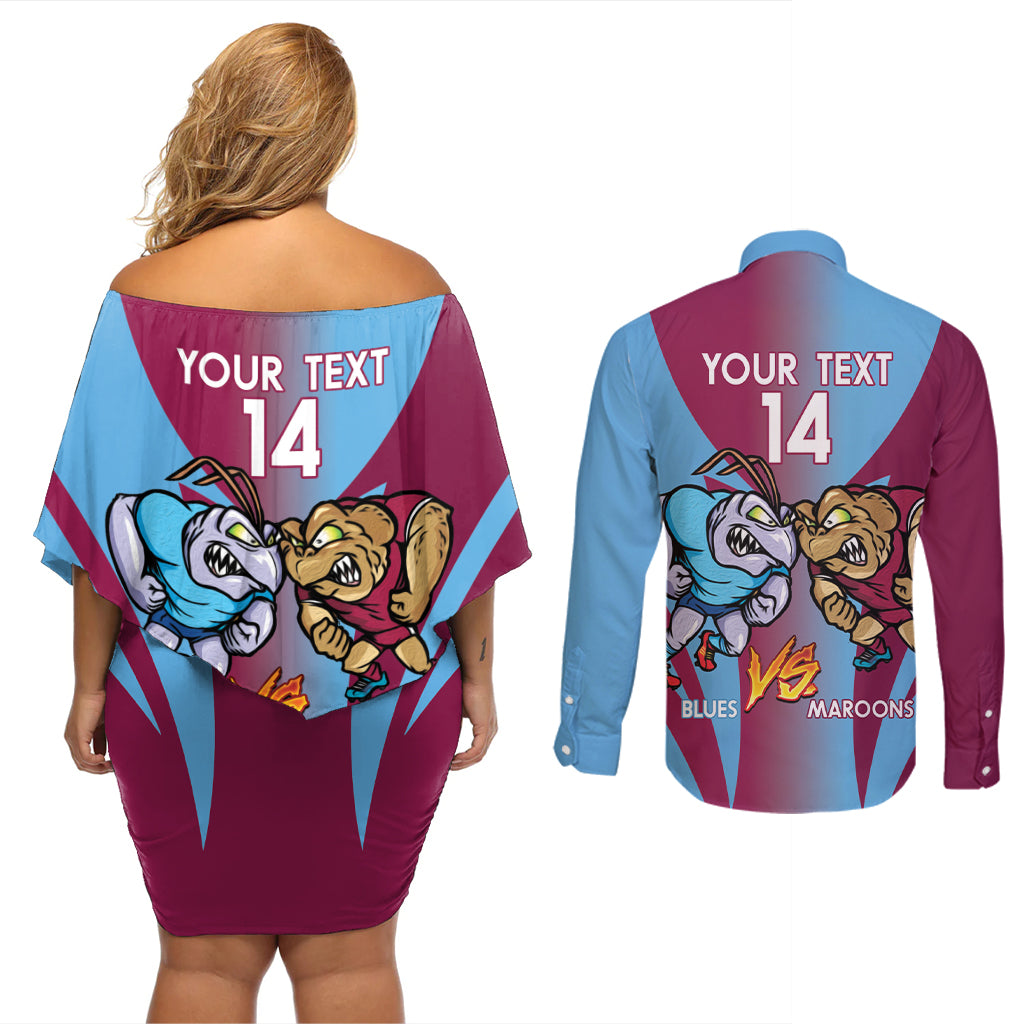 Custom NSW Blues And QLD Maroons Rugby Couples Matching Off Shoulder Short Dress and Long Sleeve Button Shirt 2024 Cockroaches Cane toads Together