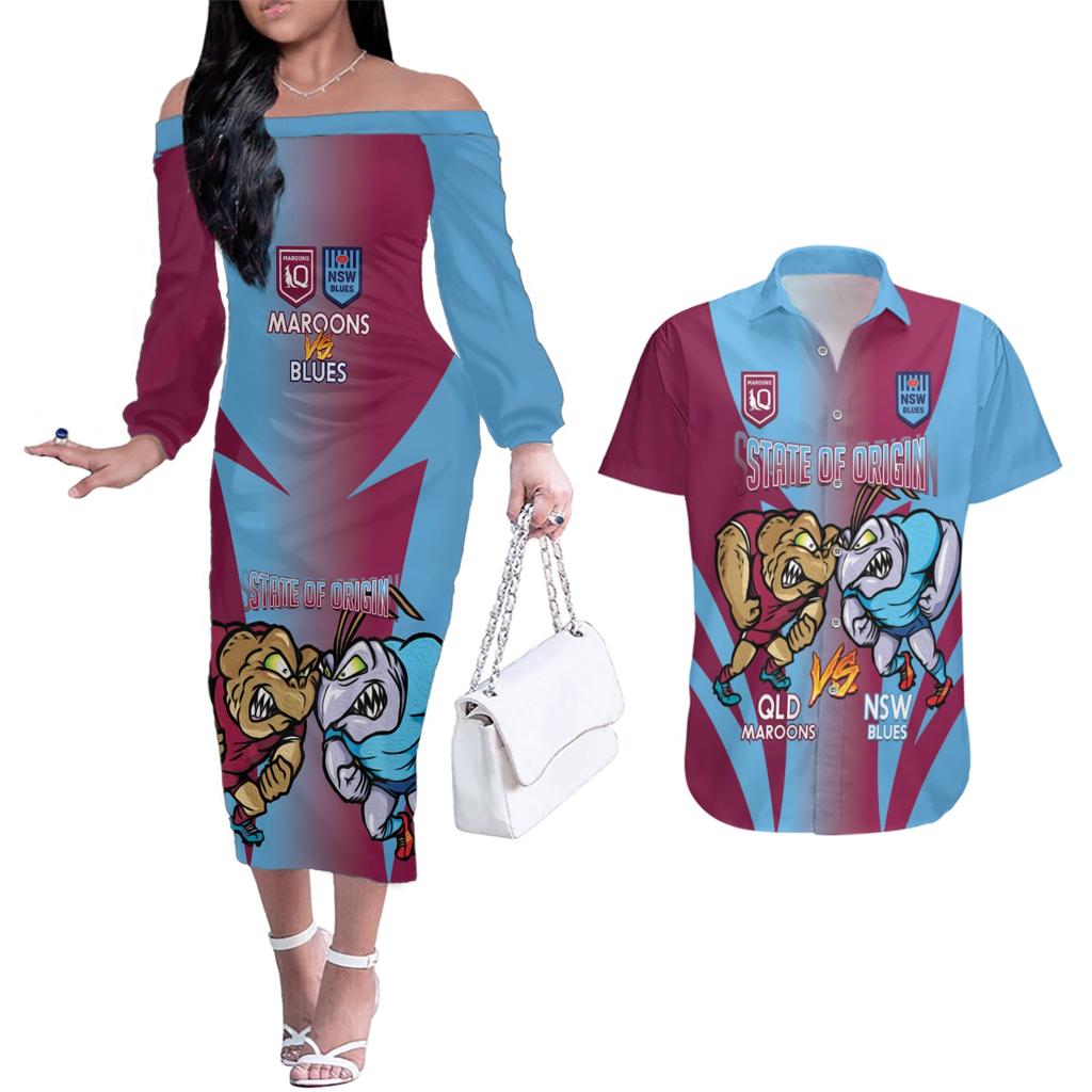 Custom NSW Blues And QLD Maroons Rugby Couples Matching Off The Shoulder Long Sleeve Dress and Hawaiian Shirt 2024 Cockroaches Cane toads Together