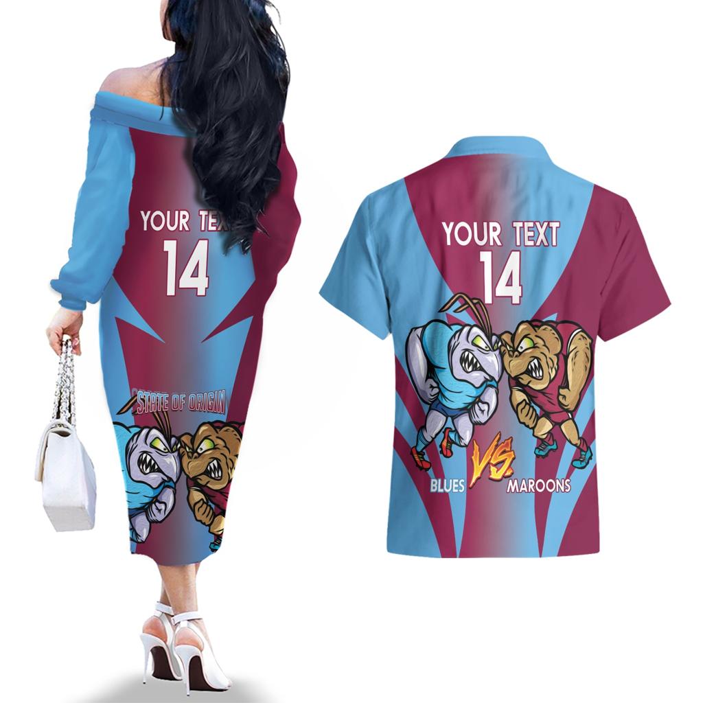 Custom NSW Blues And QLD Maroons Rugby Couples Matching Off The Shoulder Long Sleeve Dress and Hawaiian Shirt 2024 Cockroaches Cane toads Together