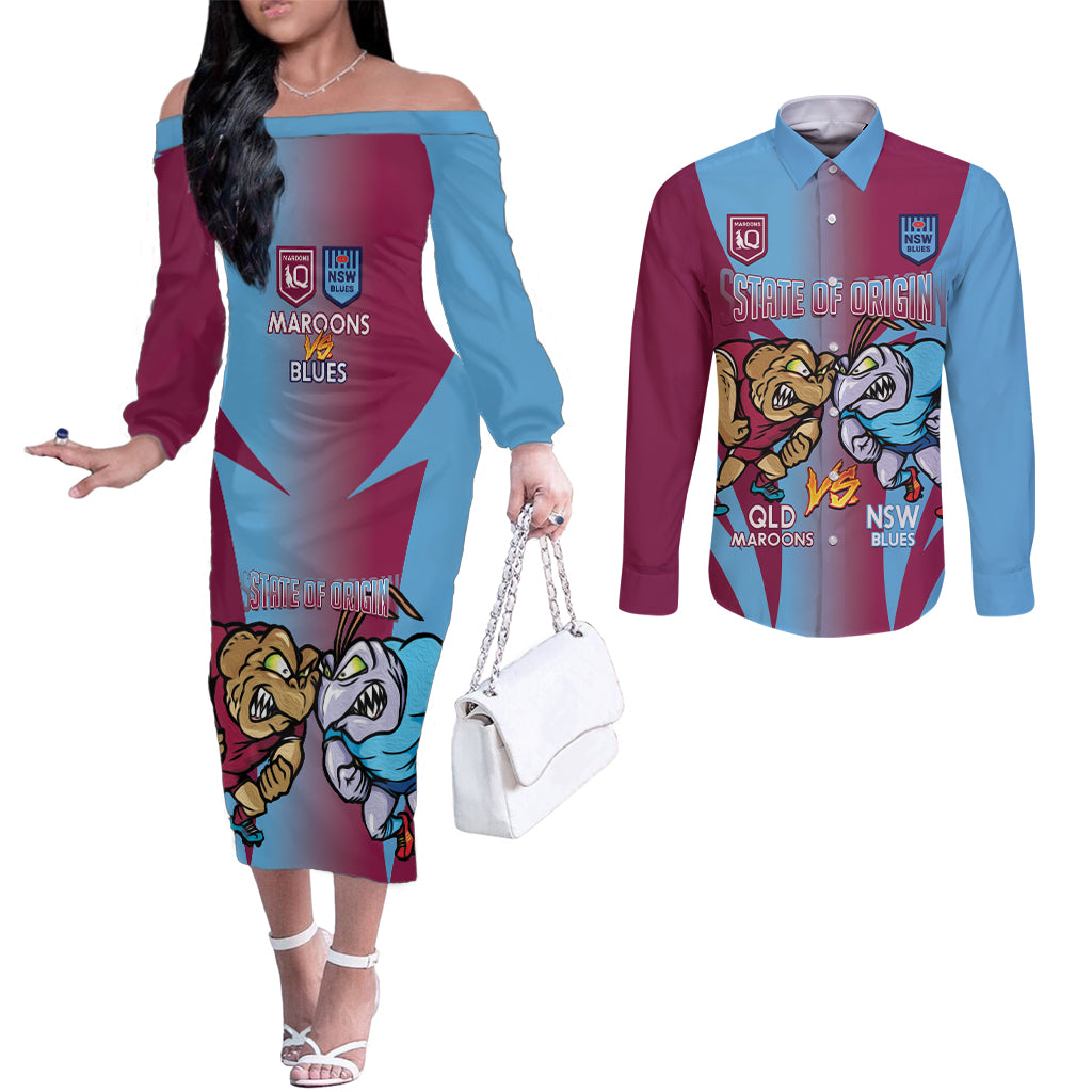 Custom NSW Blues And QLD Maroons Rugby Couples Matching Off The Shoulder Long Sleeve Dress and Long Sleeve Button Shirt 2024 Cockroaches Cane toads Together