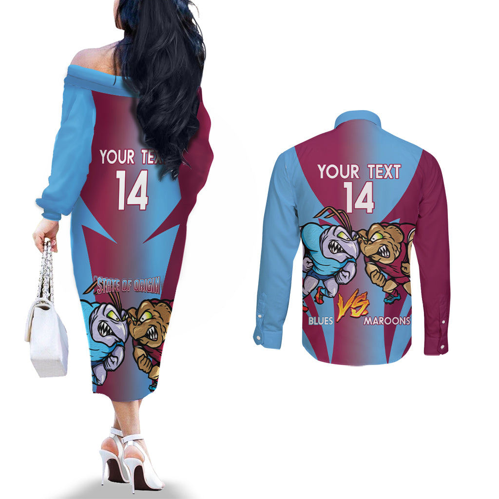Custom NSW Blues And QLD Maroons Rugby Couples Matching Off The Shoulder Long Sleeve Dress and Long Sleeve Button Shirt 2024 Cockroaches Cane toads Together