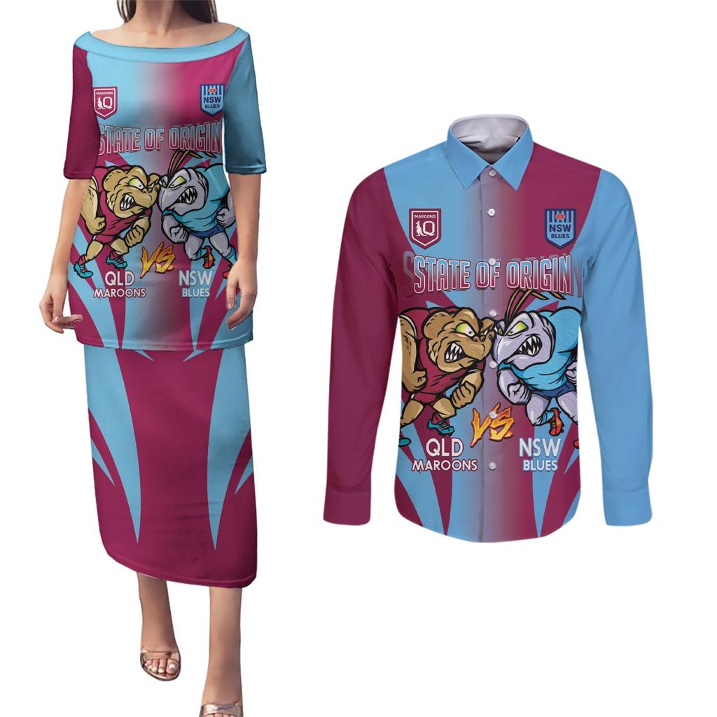 Custom NSW Blues And QLD Maroons Rugby Couples Matching Puletasi and Long Sleeve Button Shirt 2024 Cockroaches Cane toads Together