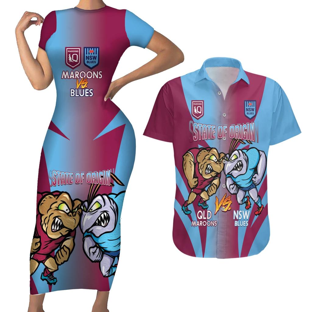 Custom NSW Blues And QLD Maroons Rugby Couples Matching Short Sleeve Bodycon Dress and Hawaiian Shirt 2024 Cockroaches Cane toads Together