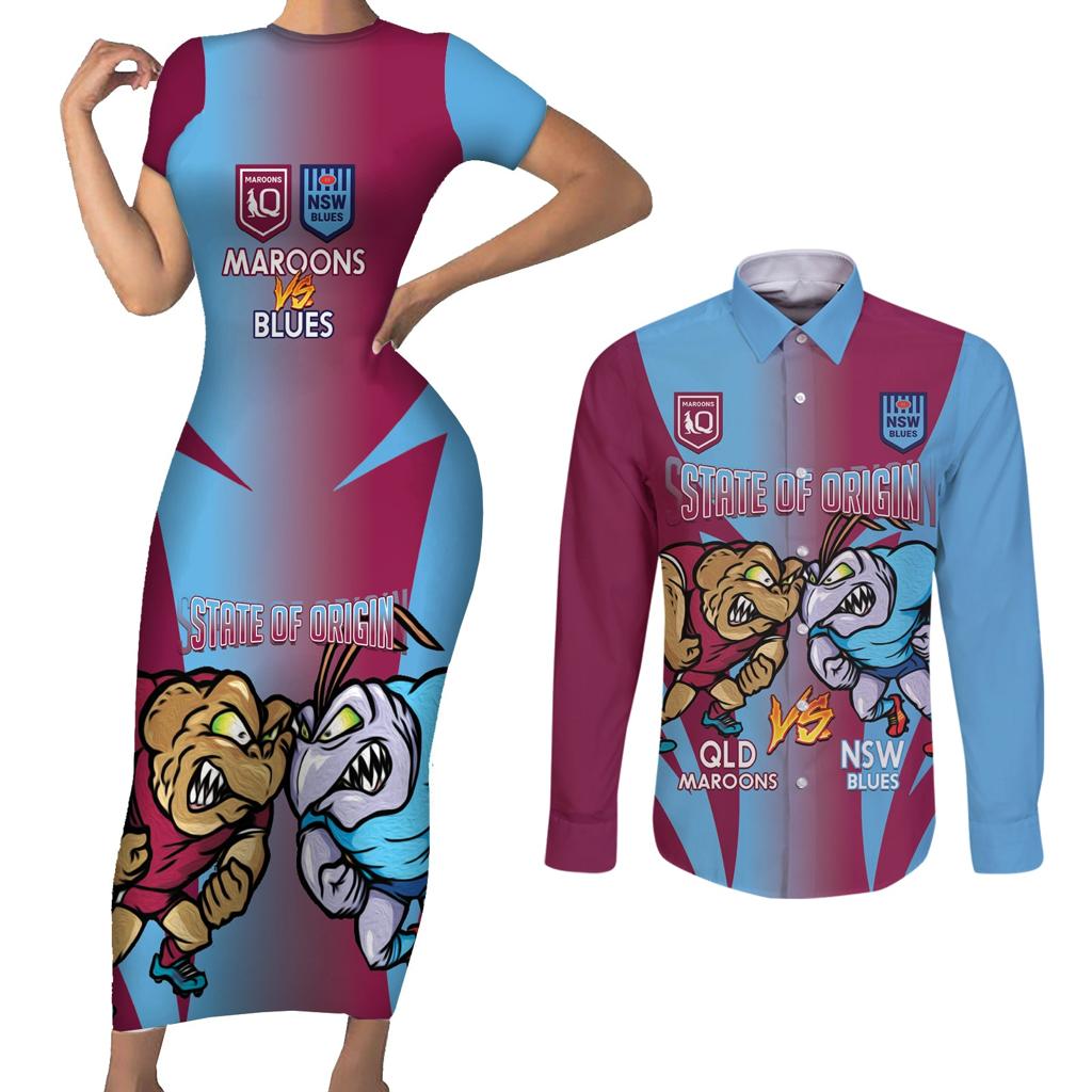 Custom NSW Blues And QLD Maroons Rugby Couples Matching Short Sleeve Bodycon Dress and Long Sleeve Button Shirt 2024 Cockroaches Cane toads Together