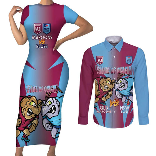 Custom NSW Blues And QLD Maroons Rugby Couples Matching Short Sleeve Bodycon Dress and Long Sleeve Button Shirt 2024 Cockroaches Cane toads Together