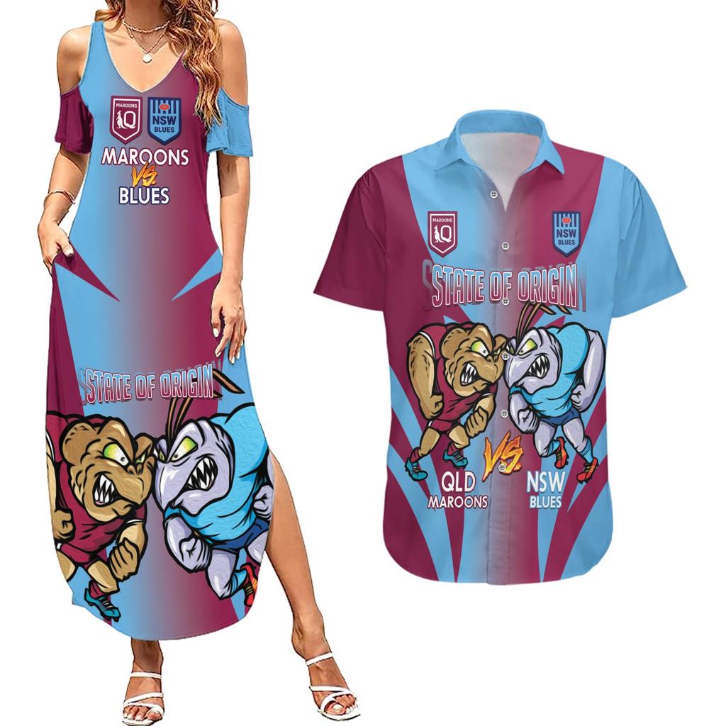 Custom NSW Blues And QLD Maroons Rugby Couples Matching Summer Maxi Dress and Hawaiian Shirt 2024 Cockroaches Cane toads Together