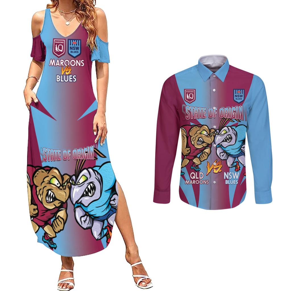 Custom NSW Blues And QLD Maroons Rugby Couples Matching Summer Maxi Dress and Long Sleeve Button Shirt 2024 Cockroaches Cane toads Together