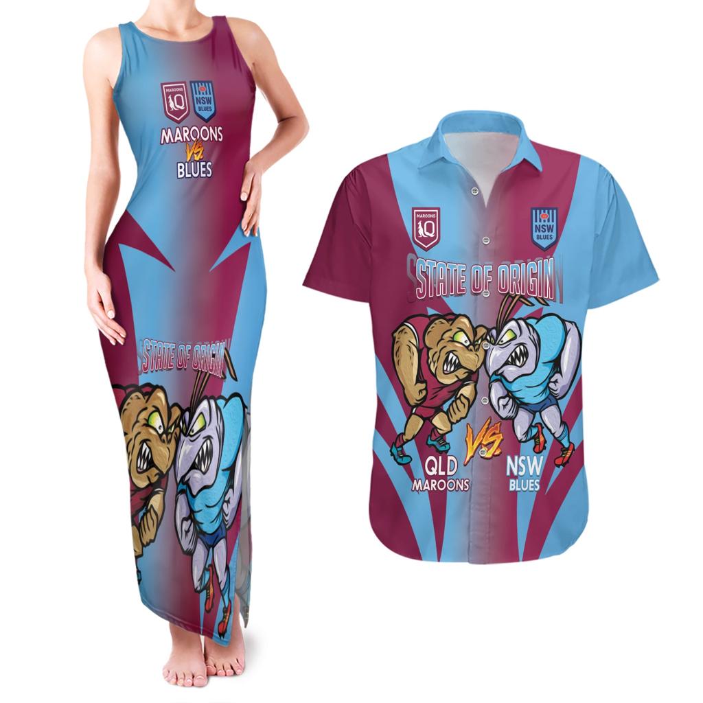 Custom NSW Blues And QLD Maroons Rugby Couples Matching Tank Maxi Dress and Hawaiian Shirt 2024 Cockroaches Cane toads Together