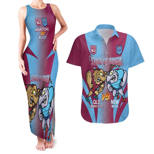 Custom NSW Blues And QLD Maroons Rugby Couples Matching Tank Maxi Dress and Hawaiian Shirt 2024 Cockroaches Cane toads Together