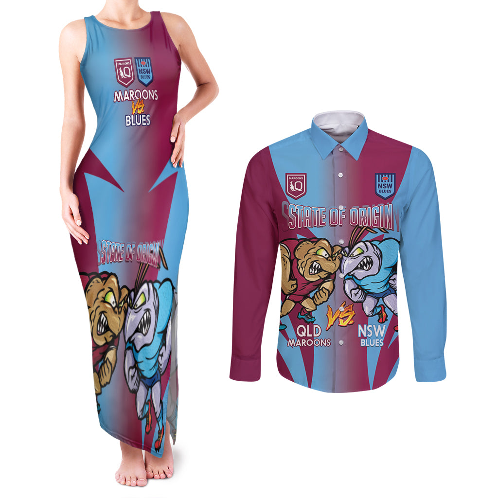 Custom NSW Blues And QLD Maroons Rugby Couples Matching Tank Maxi Dress and Long Sleeve Button Shirt 2024 Cockroaches Cane toads Together