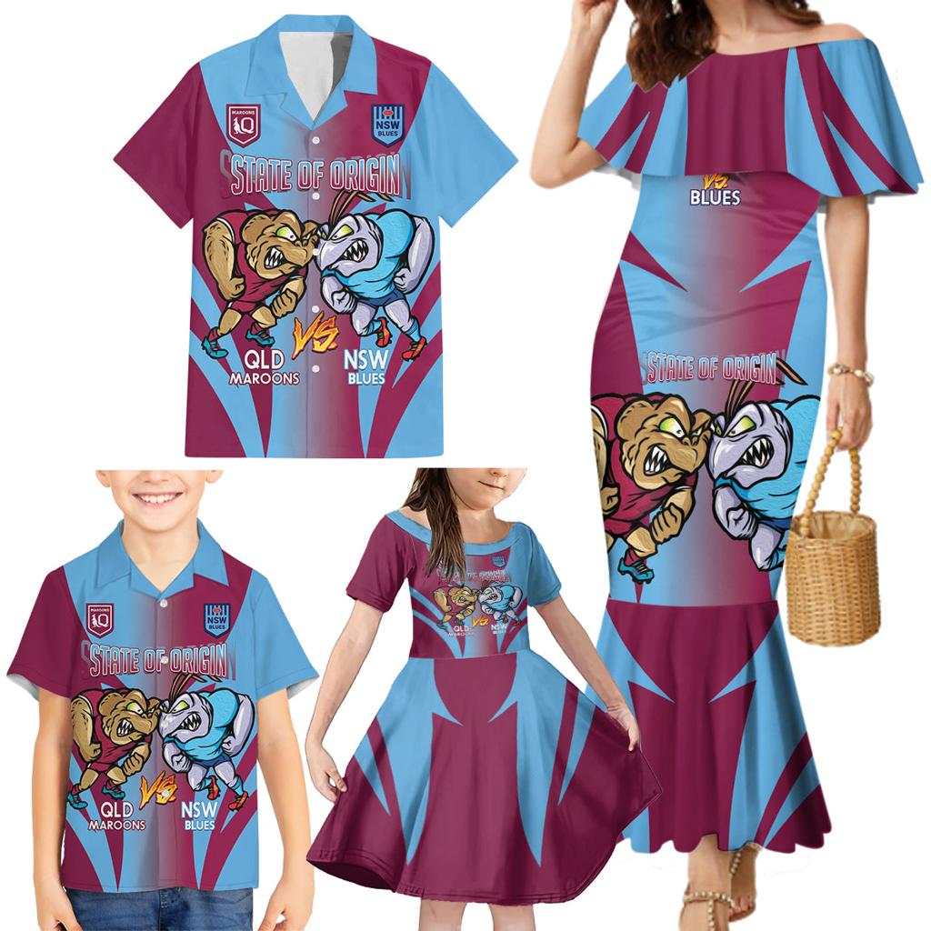 Custom NSW Blues And QLD Maroons Rugby Family Matching Mermaid Dress and Hawaiian Shirt 2024 Cockroaches Cane toads Together