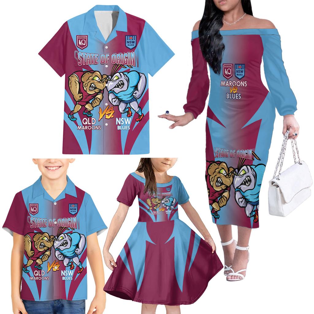 Custom NSW Blues And QLD Maroons Rugby Family Matching Off The Shoulder Long Sleeve Dress and Hawaiian Shirt 2024 Cockroaches Cane toads Together