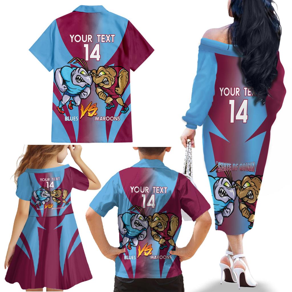 Custom NSW Blues And QLD Maroons Rugby Family Matching Off The Shoulder Long Sleeve Dress and Hawaiian Shirt 2024 Cockroaches Cane toads Together