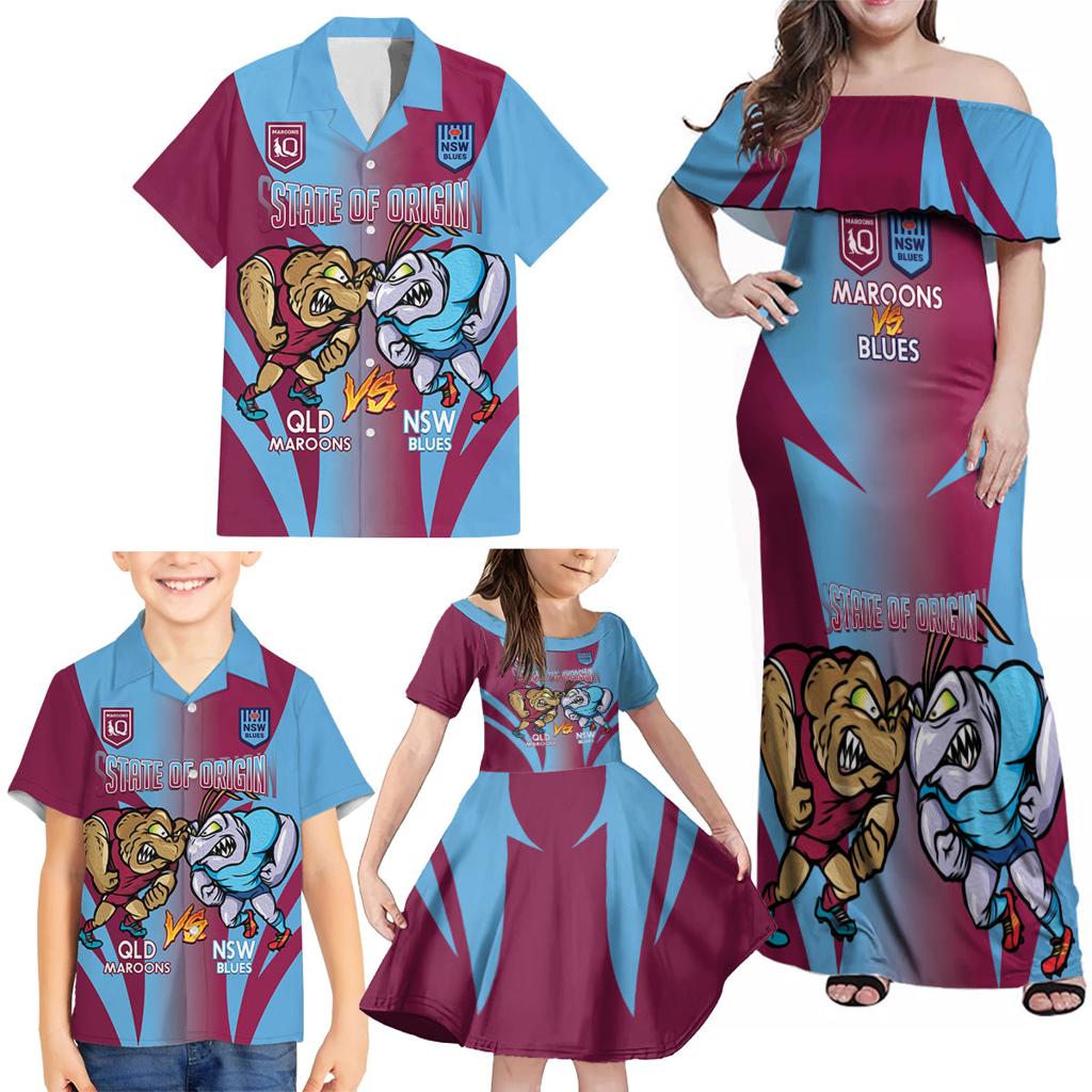 Custom NSW Blues And QLD Maroons Rugby Family Matching Off Shoulder Maxi Dress and Hawaiian Shirt 2024 Cockroaches Cane toads Together