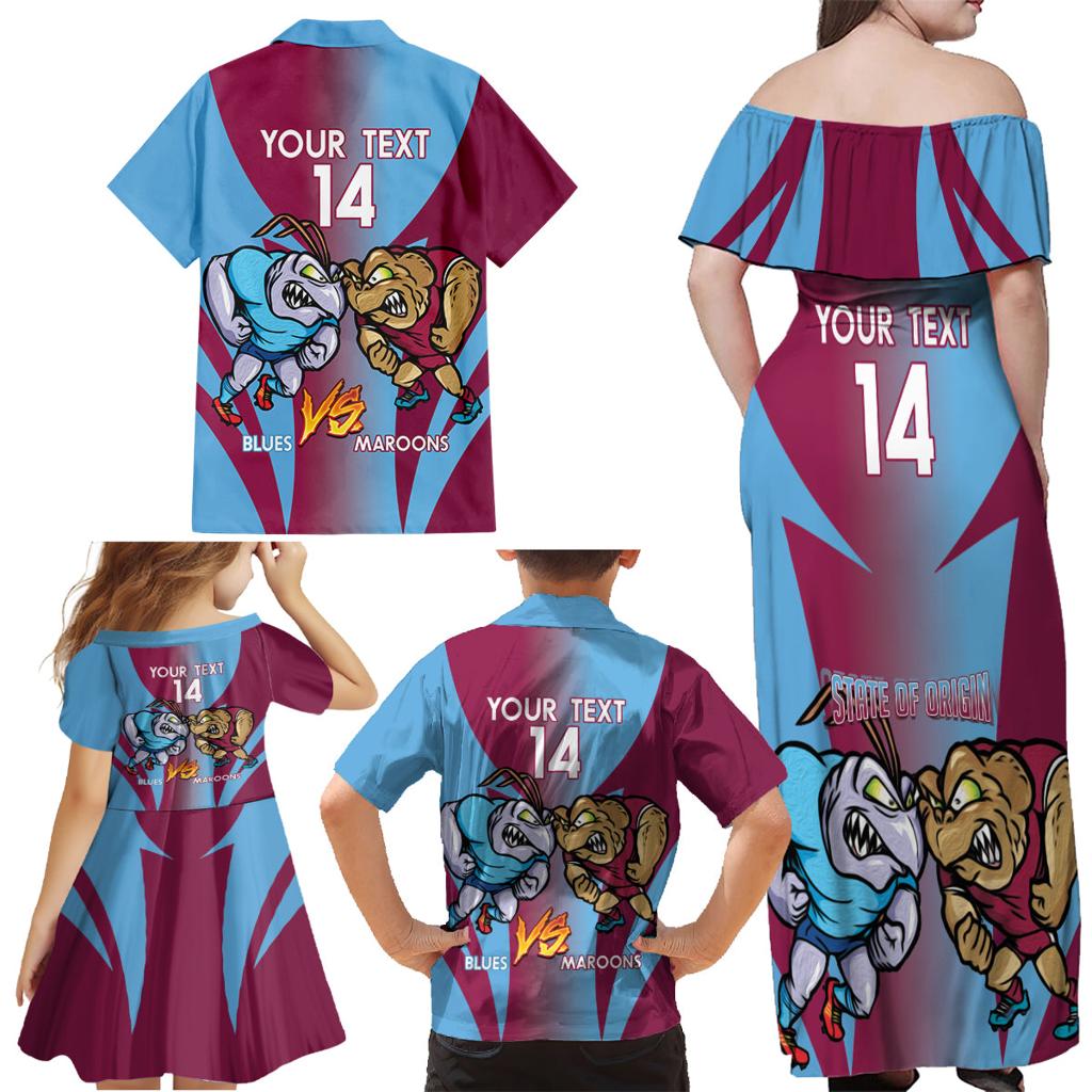 Custom NSW Blues And QLD Maroons Rugby Family Matching Off Shoulder Maxi Dress and Hawaiian Shirt 2024 Cockroaches Cane toads Together