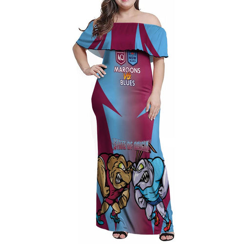 Custom NSW Blues And QLD Maroons Rugby Family Matching Off Shoulder Maxi Dress and Hawaiian Shirt 2024 Cockroaches Cane toads Together