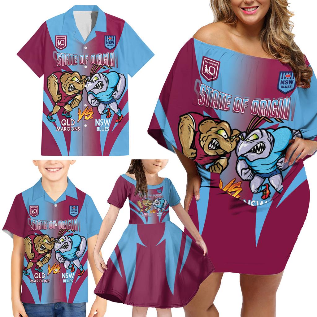 Custom NSW Blues And QLD Maroons Rugby Family Matching Off Shoulder Short Dress and Hawaiian Shirt 2024 Cockroaches Cane toads Together