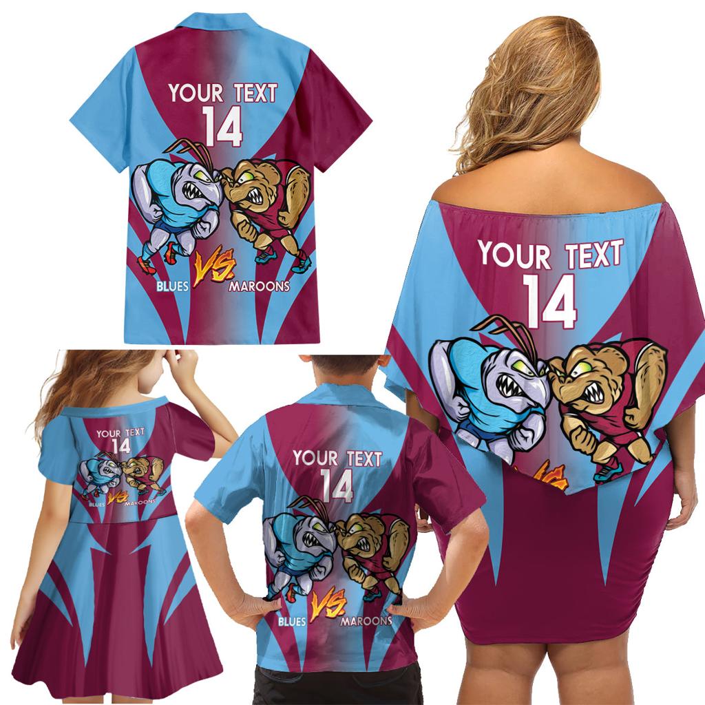 Custom NSW Blues And QLD Maroons Rugby Family Matching Off Shoulder Short Dress and Hawaiian Shirt 2024 Cockroaches Cane toads Together
