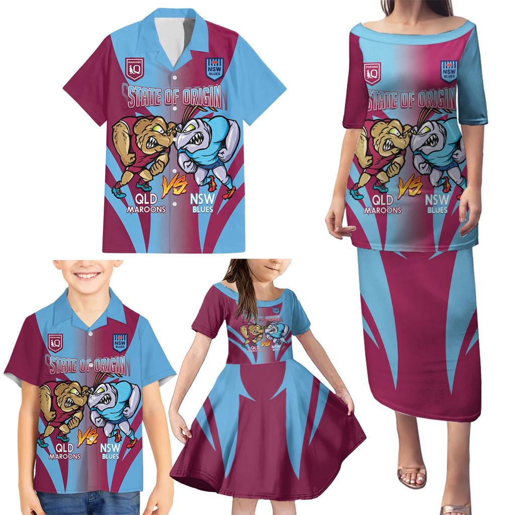 Custom NSW Blues And QLD Maroons Rugby Family Matching Puletasi and Hawaiian Shirt 2024 Cockroaches Cane toads Together