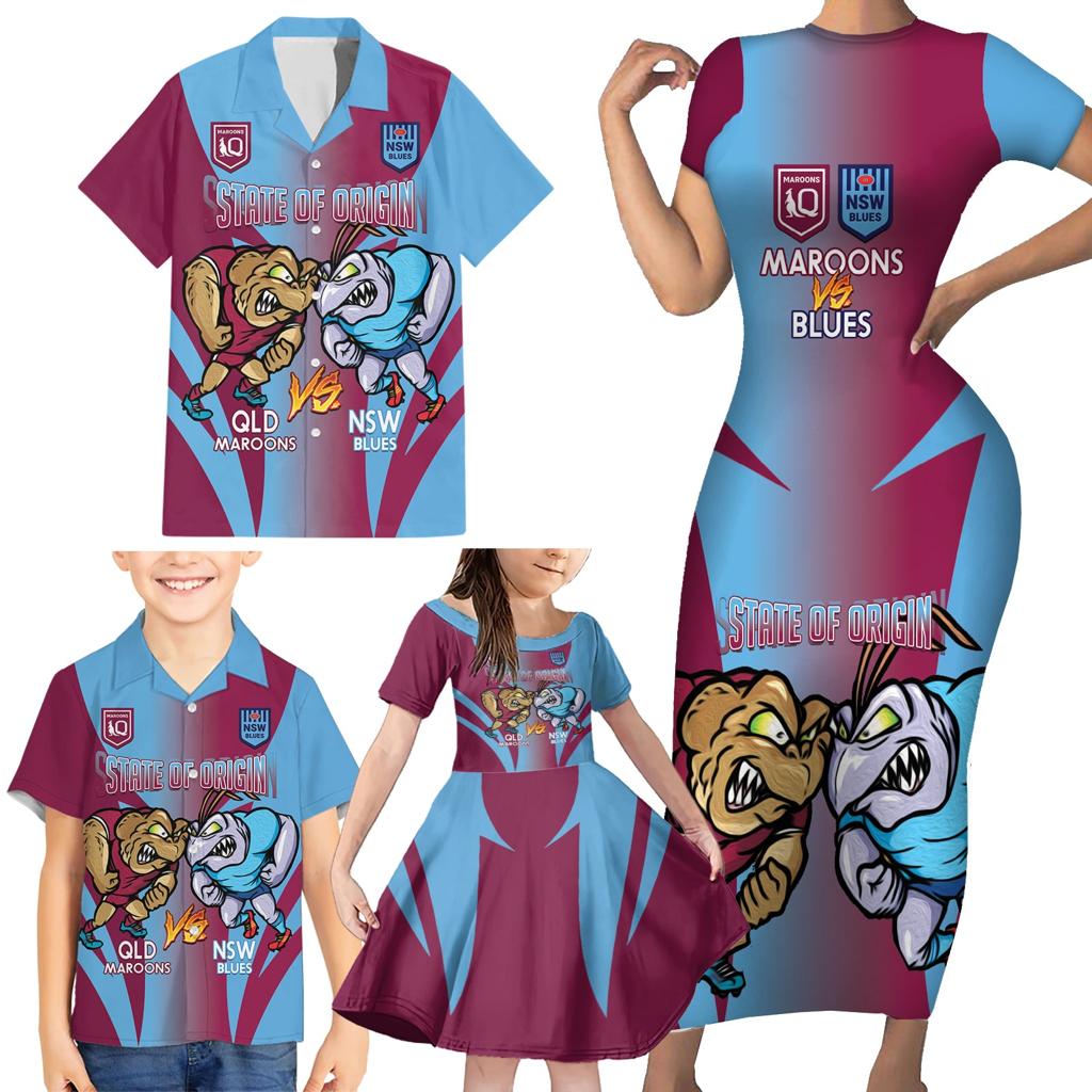 Custom NSW Blues And QLD Maroons Rugby Family Matching Short Sleeve Bodycon Dress and Hawaiian Shirt 2024 Cockroaches Cane toads Together