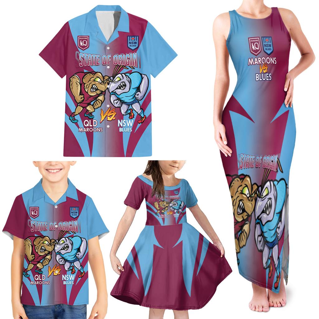 Custom NSW Blues And QLD Maroons Rugby Family Matching Tank Maxi Dress and Hawaiian Shirt 2024 Cockroaches Cane toads Together