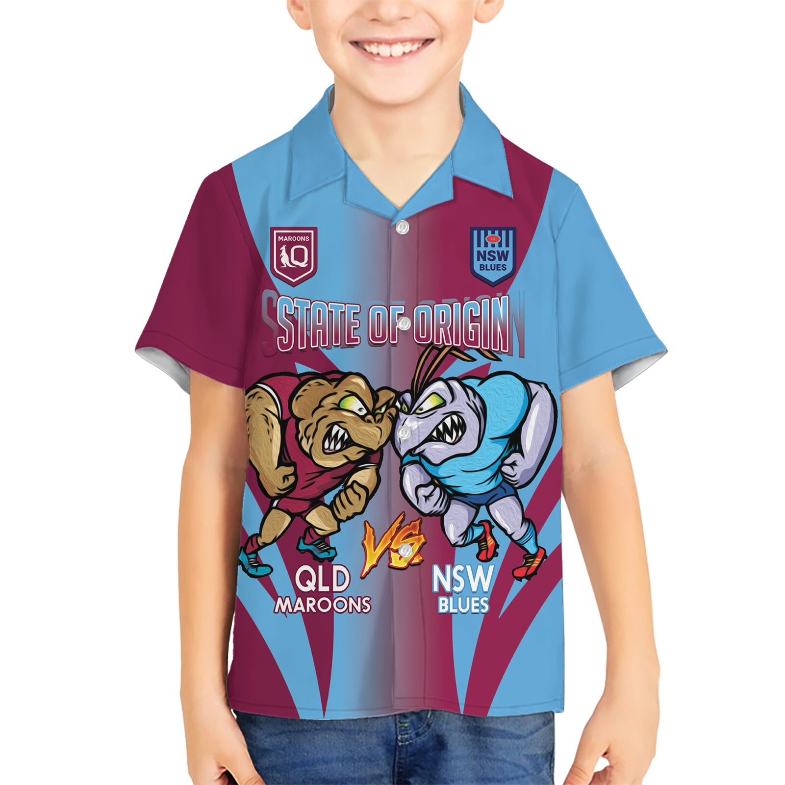 Custom NSW Blues And QLD Maroons Rugby Kid Hawaiian Shirt 2024 Cockroaches Cane toads Together