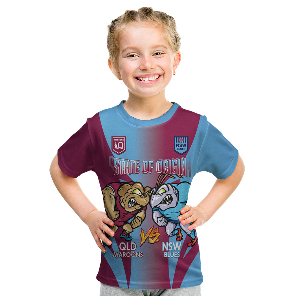 Custom NSW Blues And QLD Maroons Rugby Kid T Shirt 2024 Cockroaches Cane toads Together