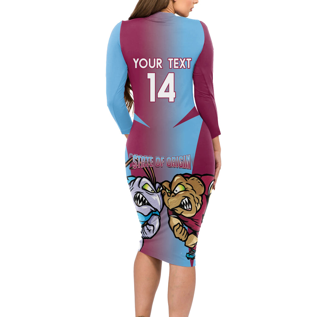 Custom NSW Blues And QLD Maroons Rugby Long Sleeve Bodycon Dress 2024 Cockroaches Cane toads Together