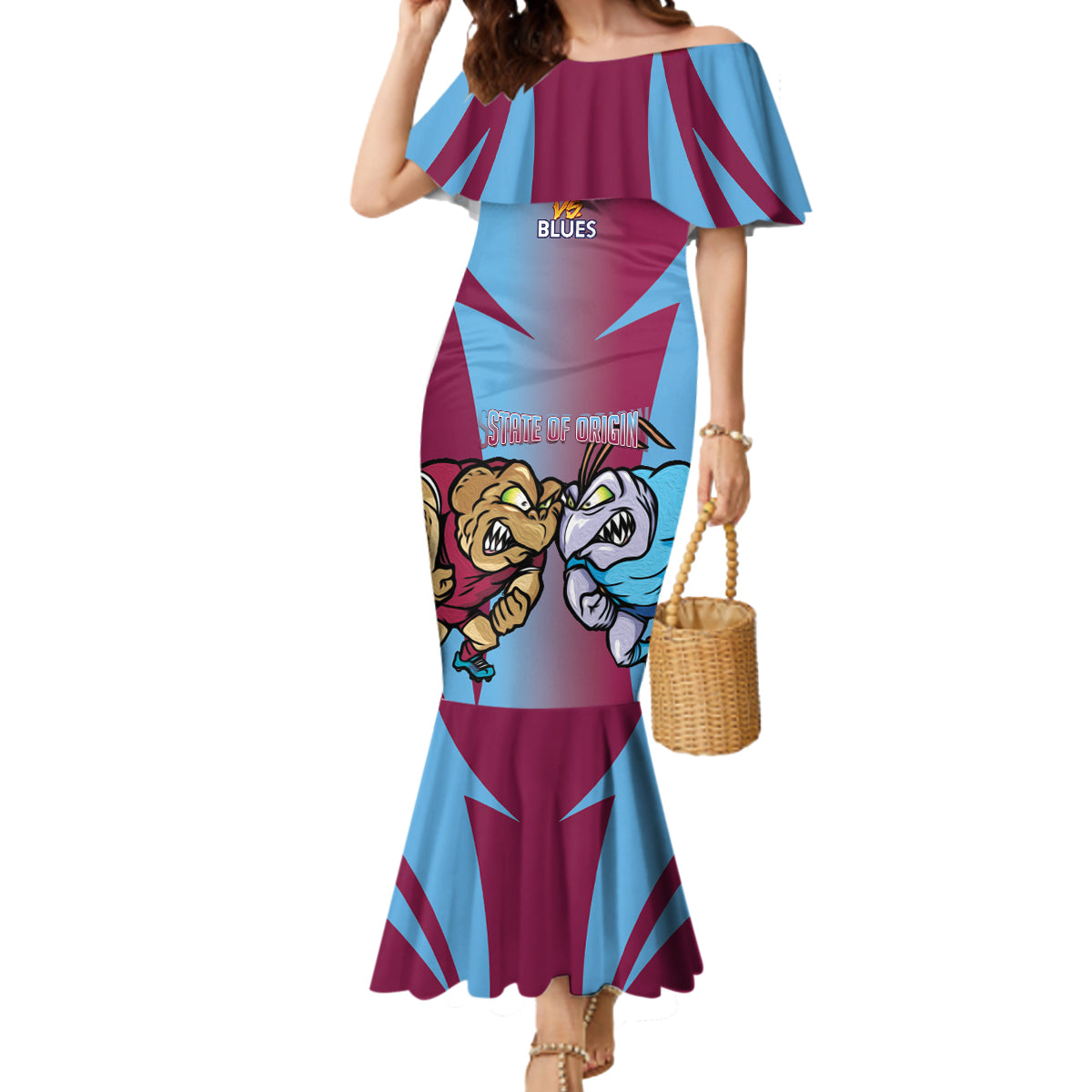 Custom NSW Blues And QLD Maroons Rugby Mermaid Dress 2024 Cockroaches Cane toads Together