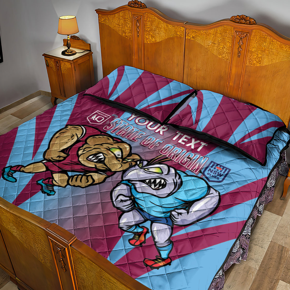 Custom NSW Blues And QLD Maroons Rugby Quilt Bed Set 2024 Cockroaches Cane toads Together