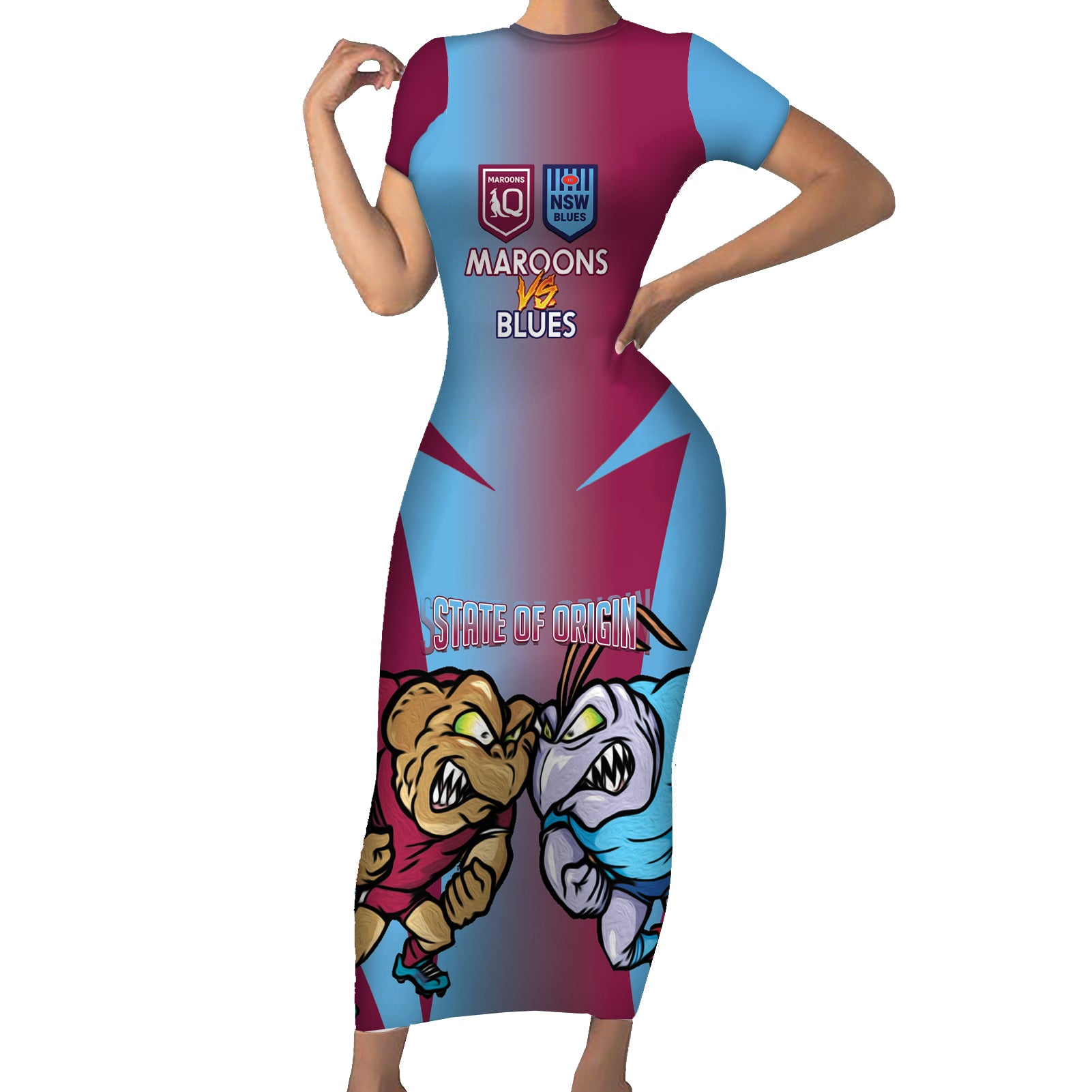 Custom NSW Blues And QLD Maroons Rugby Short Sleeve Bodycon Dress 2024 Cockroaches Cane toads Together