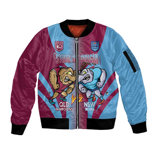 Custom NSW Blues And QLD Maroons Rugby Sleeve Zip Bomber Jacket 2024 Cockroaches Cane toads Together