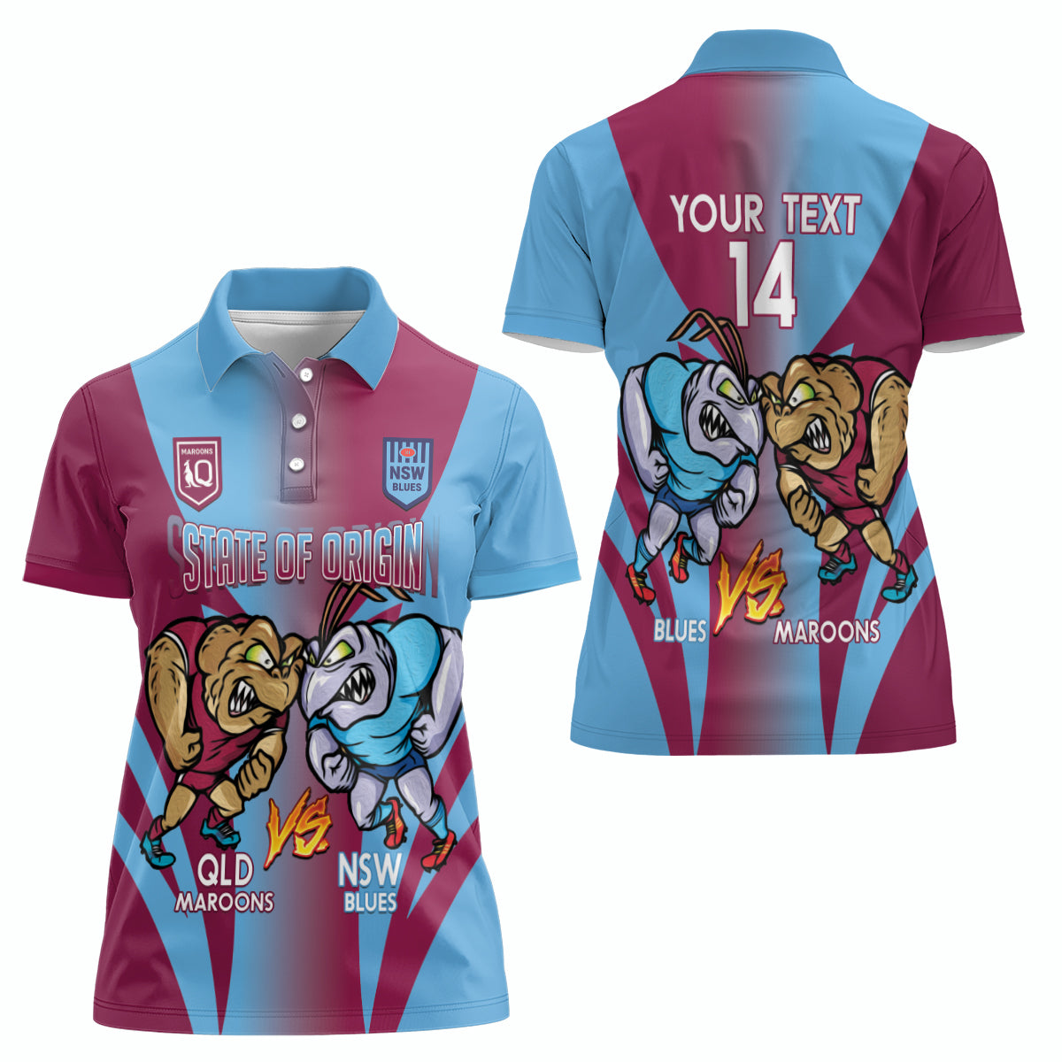 Custom NSW Blues And QLD Maroons Rugby Women Polo Shirt 2024 Cockroaches Cane toads Together