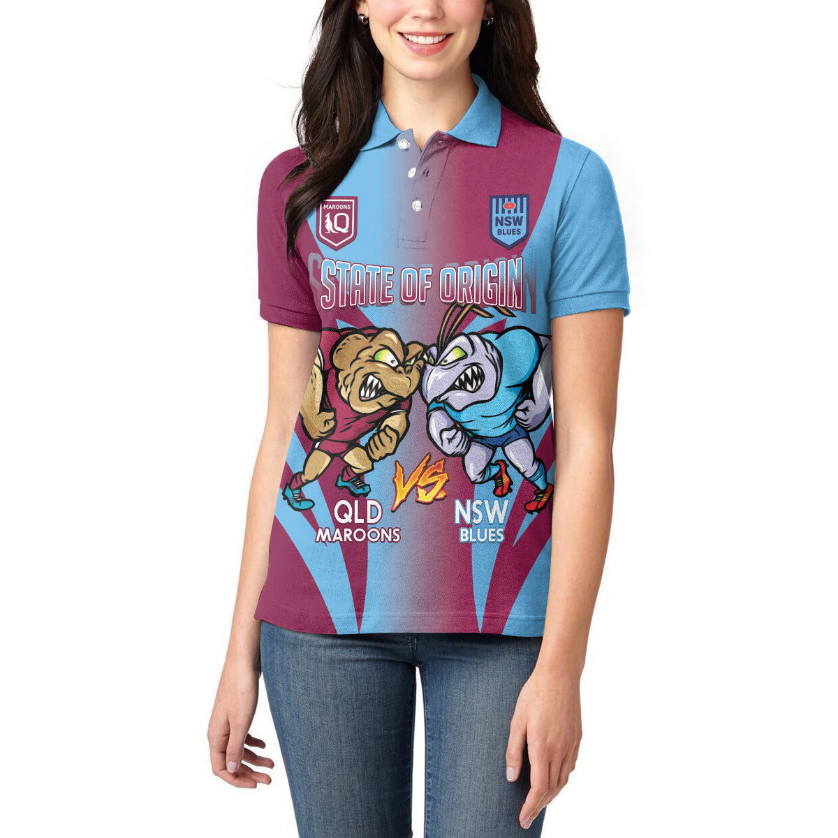 Custom NSW Blues And QLD Maroons Rugby Women Polo Shirt 2024 Cockroaches Cane toads Together