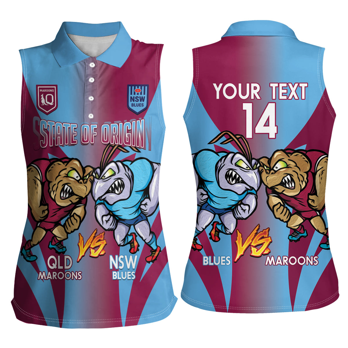 Custom NSW Blues And QLD Maroons Rugby Women Sleeveless Polo Shirt 2024 Cockroaches Cane toads Together
