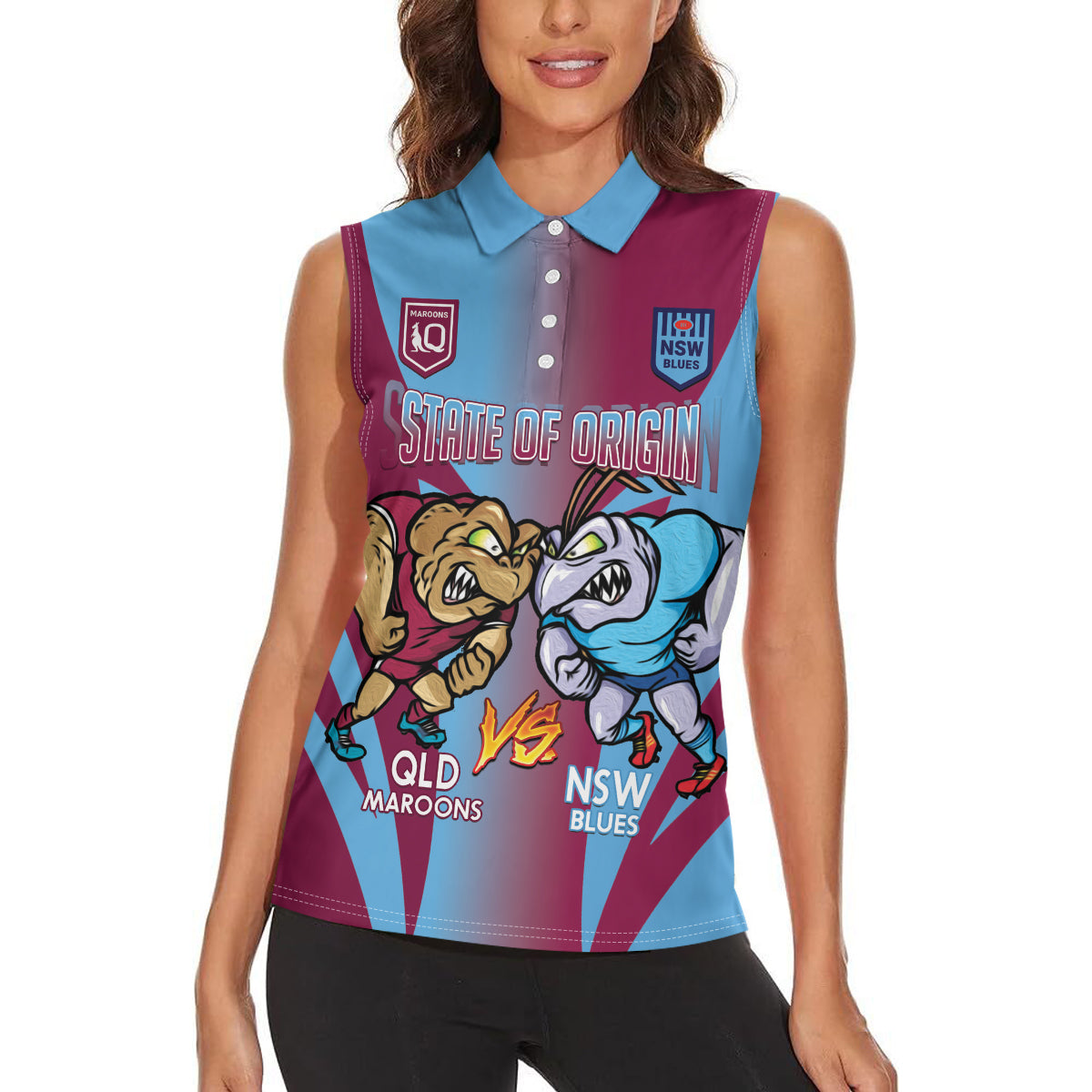 Custom NSW Blues And QLD Maroons Rugby Women Sleeveless Polo Shirt 2024 Cockroaches Cane toads Together